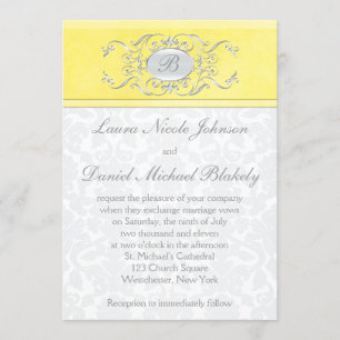 Yellow et gris Damask Monogramme Invitation