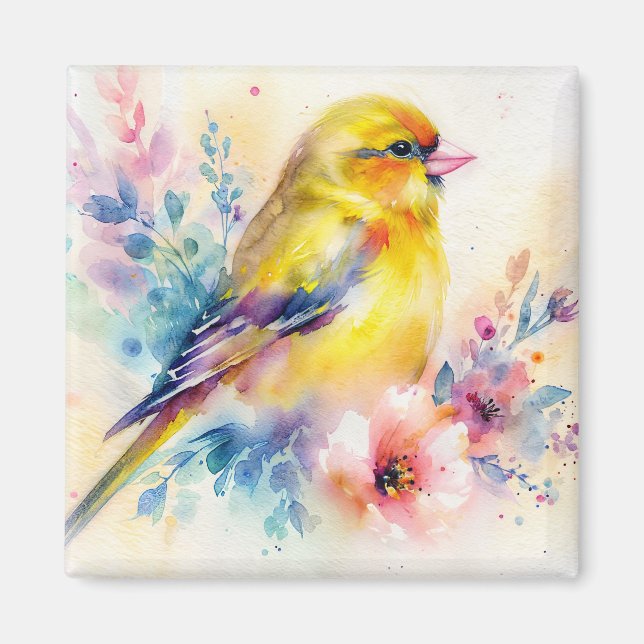 Yellow Finch Floral Bird Watercolor Art Magnet (Devant)
