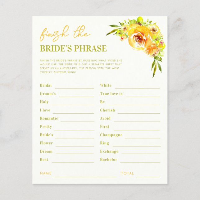 Yellow Finish the Brides Phrase Bridal Shower Game (Devant)