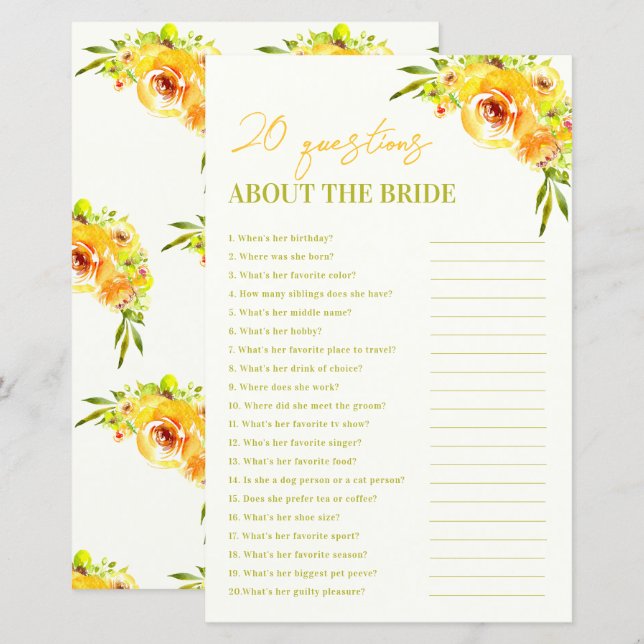 Yellow Floral 20 Questions About the Bride Game (Devant / Derrière)