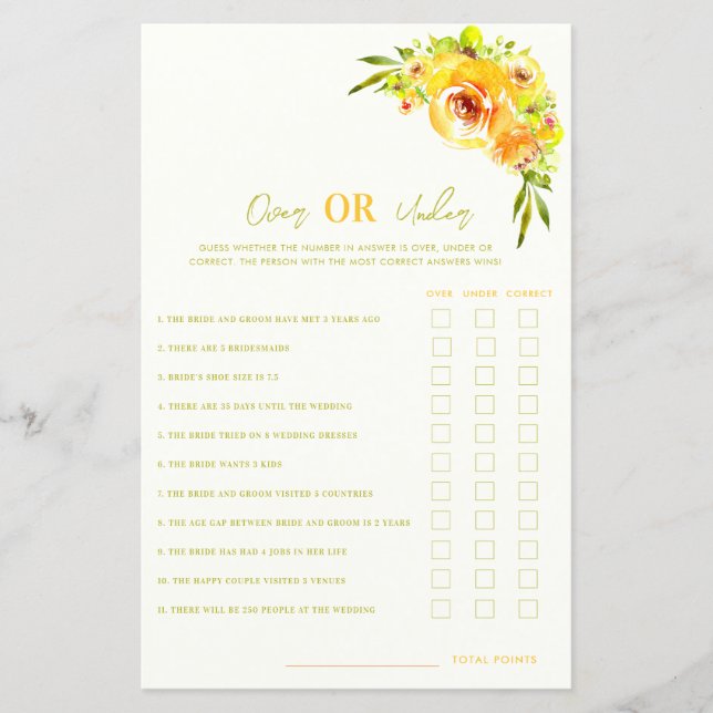 Yellow Floral Over or Under Bridal Shower Game (Devant)