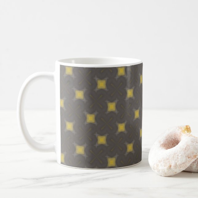 Yellow geometric motifs on grey coffee mug (Avec donut)