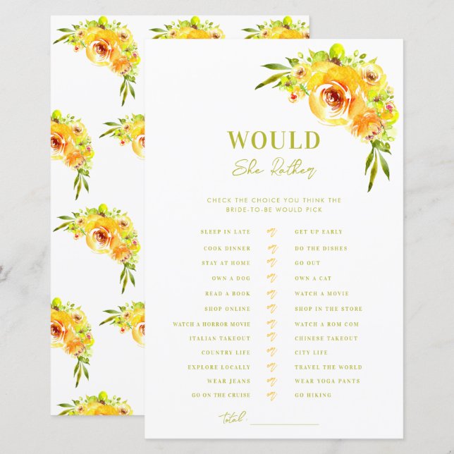 Yellow Green Bridal Shower Would She Rather Game (Devant / Derrière)