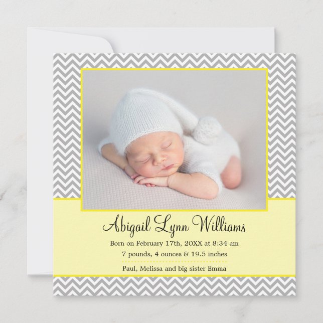 Yellow Grey Chevron Girl Photo Faire-part de naiss (Devant)