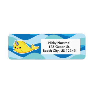 Yellow Kawaii Narwhal Étiquettes de adresse