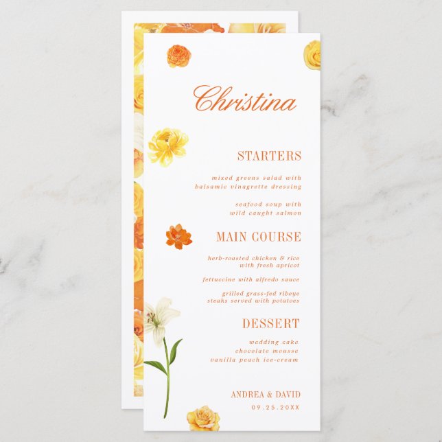 Yellow Orange Floral Custom Guest Name Garden Menu (Devant / Derrière)