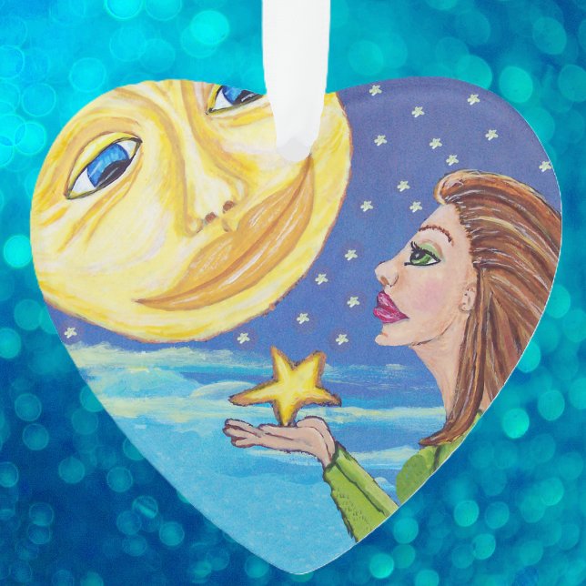 Yellow Souriant Lune Face Stars Imaginaire Femme (Woman holding star moon with smiling face  blue sky with stars clouds on heart shaped ornament.)