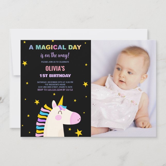 Yellow Stars Unicorn Anniversaire Invitations avec (Devant)
