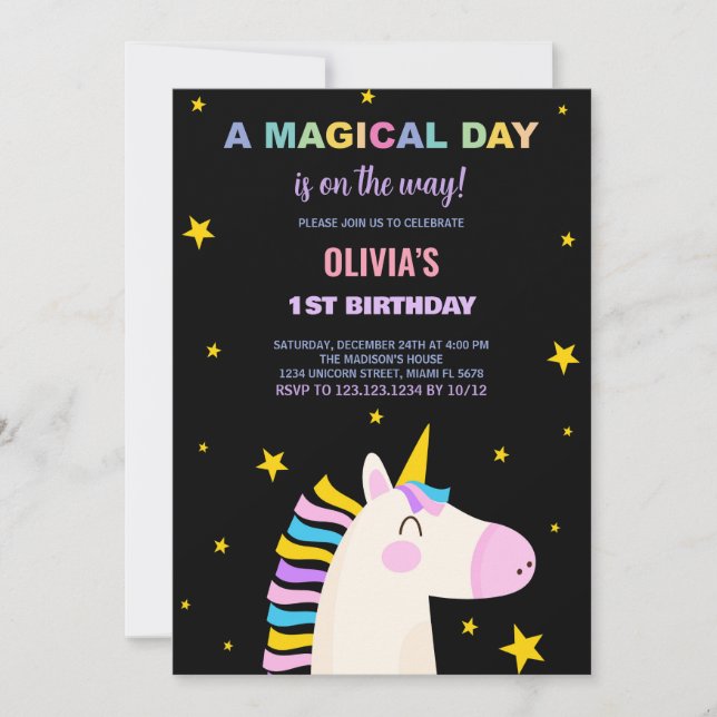 Yellow Stars Unicorn Invitations d'anniversaire (Devant)