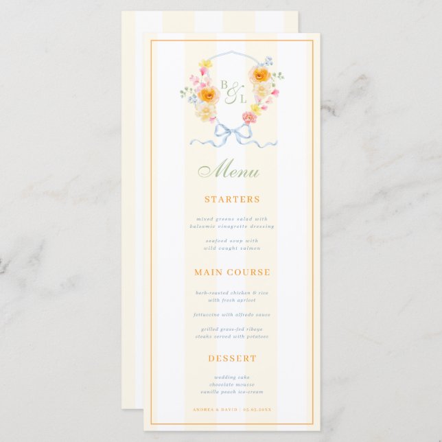 Yellow Stripes & Floral Crest Spring Wedding Menu (Devant / Derrière)