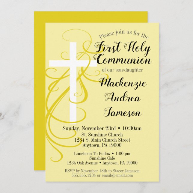 Yellow Swirl Première Sainte Communion Invitation (Devant / Derrière)