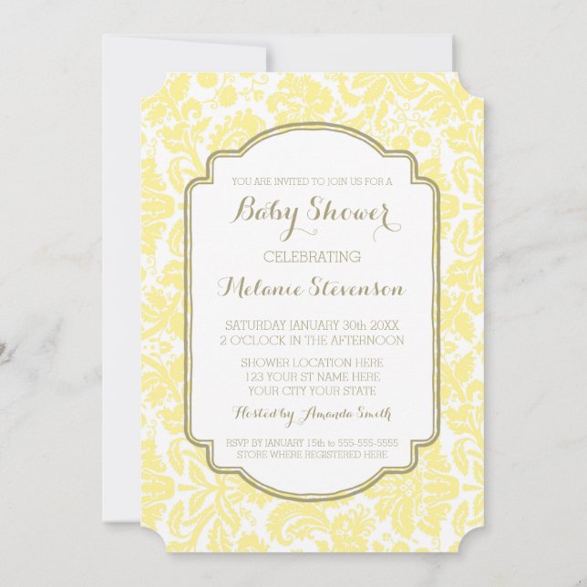 Yellow Tan Damask Custom Baby Shower Invitations (Dos)