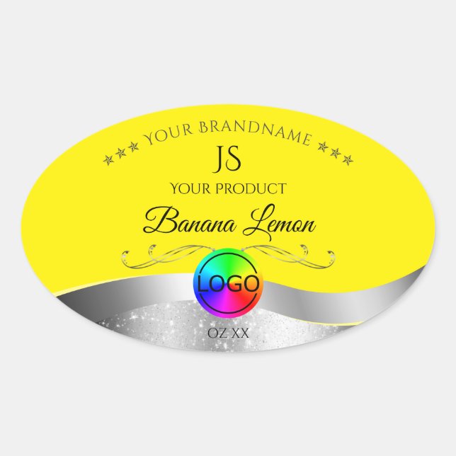 Yellow Wavy Silver Logo Monogramme Étiquette produ (Devant)