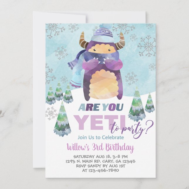 Yeti invitation d'anniversaire fille d'hiver, invi (Devant)