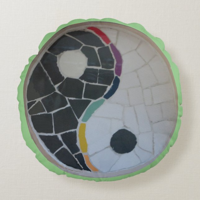 Yin Yang Rainbow Mosaic Yoga Round Coussin (Devant)