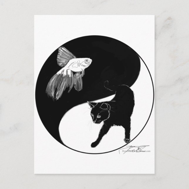 YinYang Poisson et chat - Carte postale noire et b (Devant)