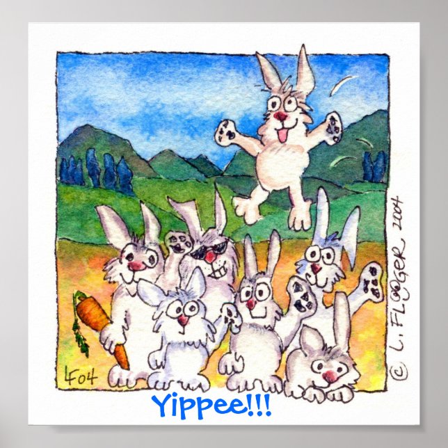 Yippee!!! - Cute Cartoon Bunnies Poster Print (Devant)