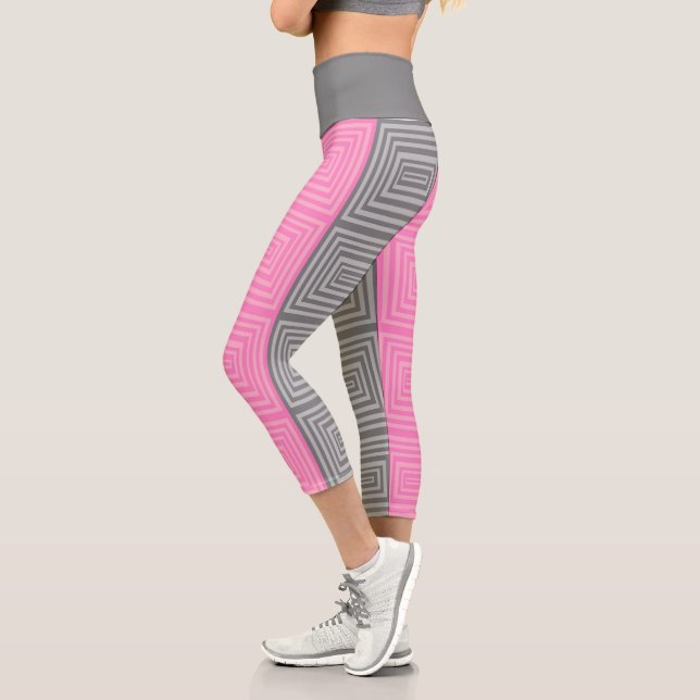 Yoga Pants Capri Leggings Carrés roses et gris (Gauche)
