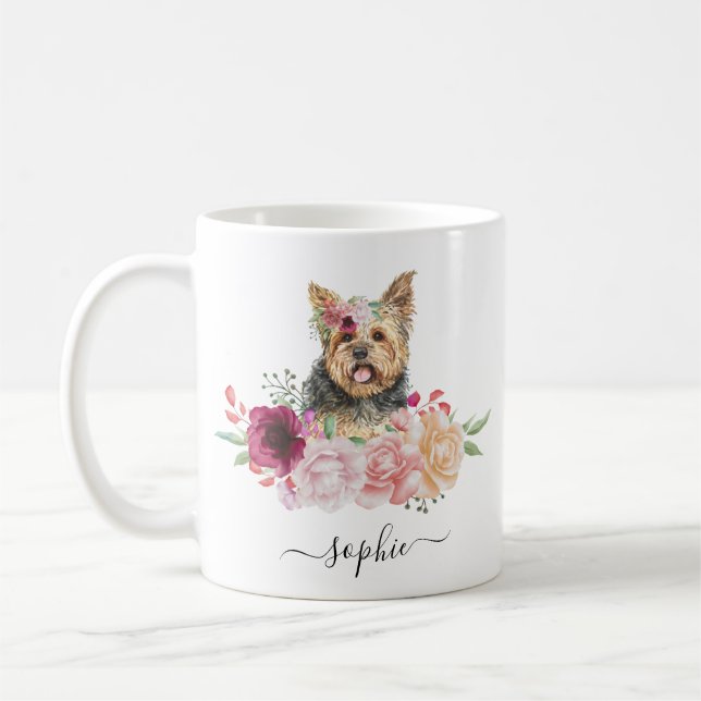 Yorkie Nom personnalisé Mug café floral (Gauche)
