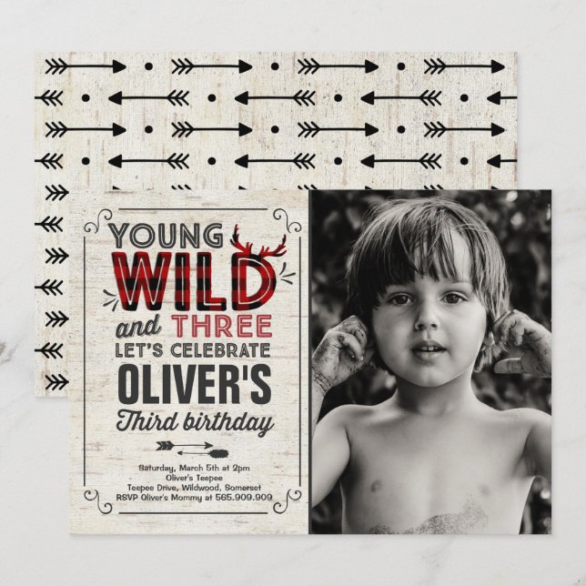 Young Wild Et Trois Invitations Rustique Lumberjac (Devant / Derrière)