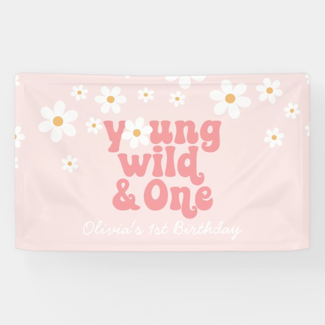 Young Wild One rétro Daisy Pink Bannière d'anniver (Horizontal)