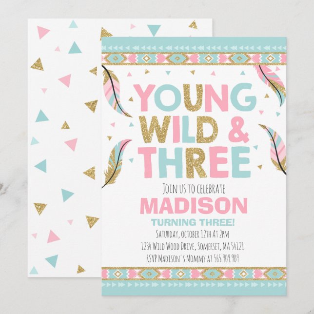 Young Wild & Three Birthday Invitation Wild Party (Devant / Derrière)
