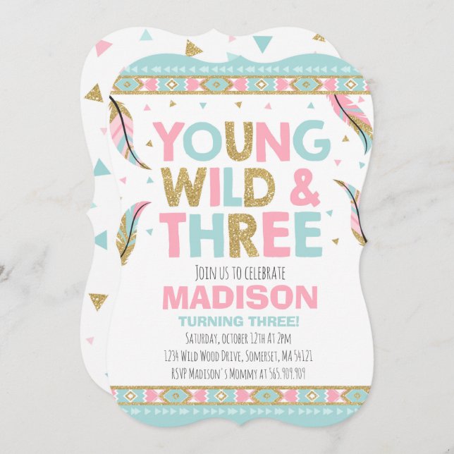 Young Wild & Three Birthday Invitation Wild Party (Devant / Derrière)