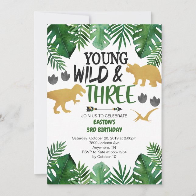 Young Wild & Three Dinosaur 3e Invitation d'annive (Devant)