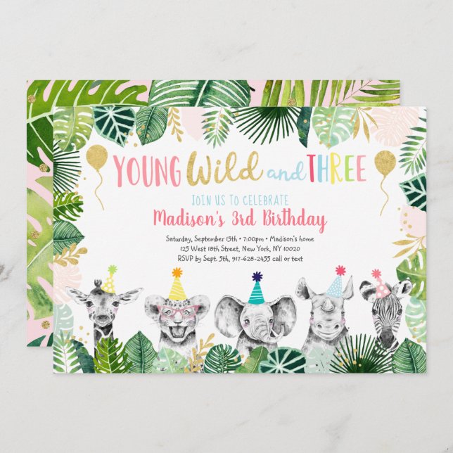Young Wild & Three Girl Safari Invitation Annivers (Devant / Derrière)