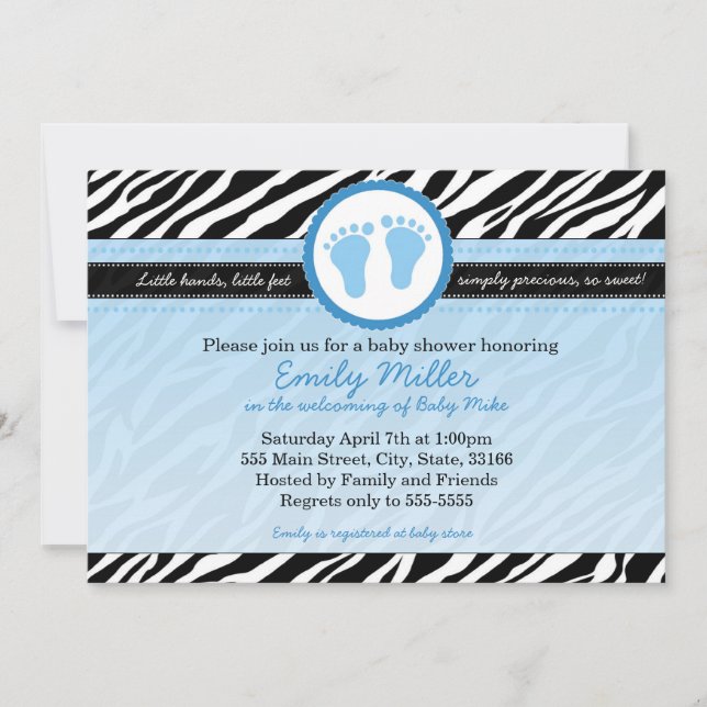 Zebra Baby Boy Shower Invitation Blue (Devant)