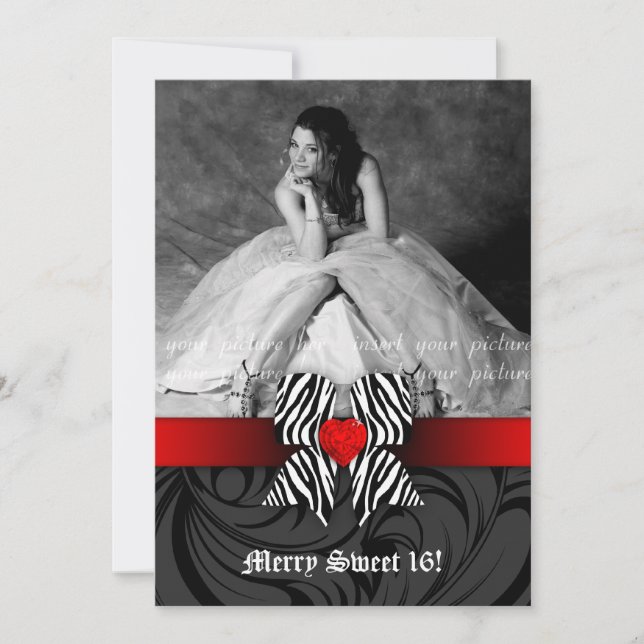 Zebra Bow Sweet 16 Carte photo Invitation Red (Devant)