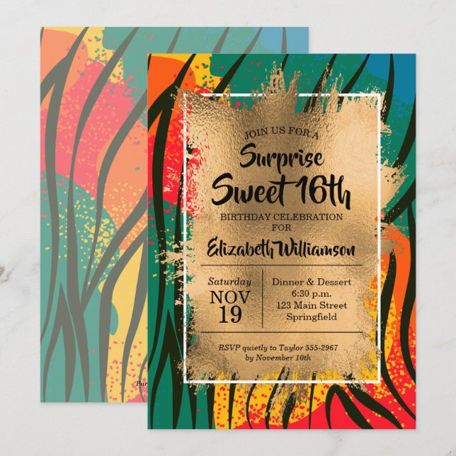 Zebra Colorful Sweet 16e anniversaire Invitations (Devant / Derrière)