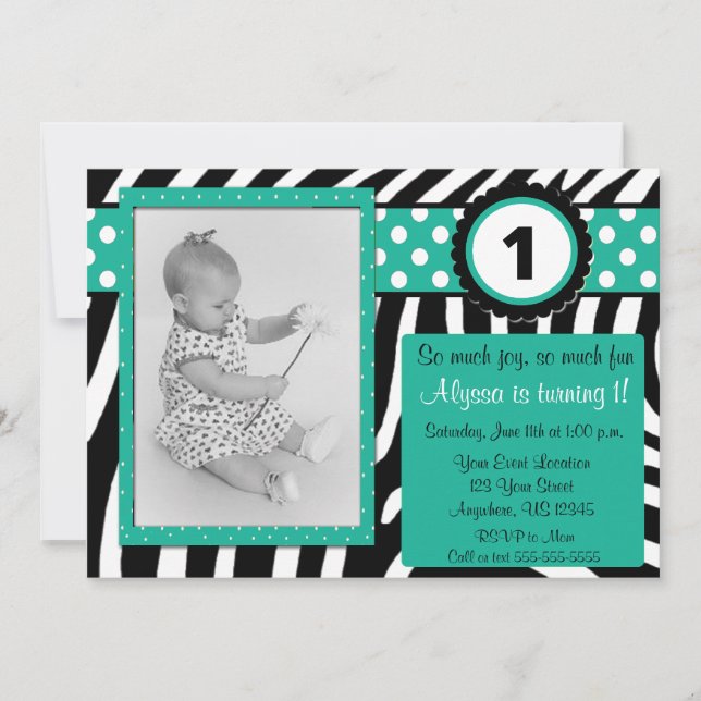 Zebra et Turquoise Invitation d'anniversaire TOUT  (Devant)