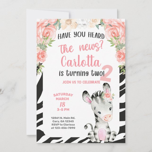 Zebra girl 2nd, invitation de deuxième anniversair (Devant)