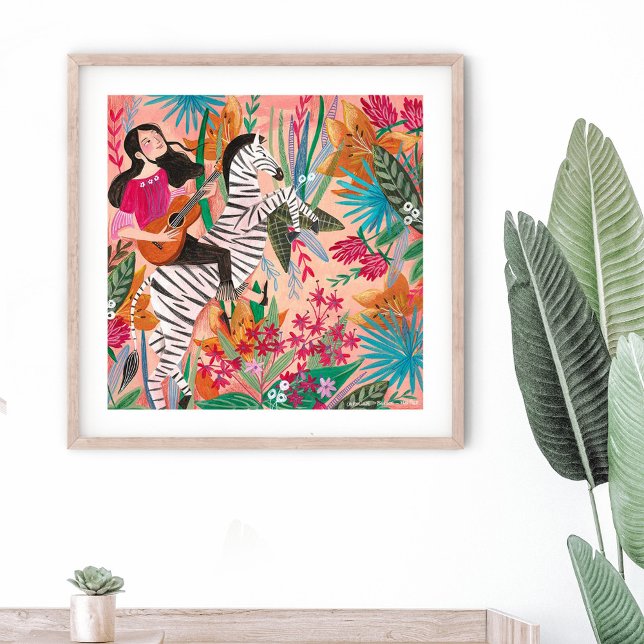 Zebra & girl rose vif jungle tropicale Poster (Créateur téléchargé)