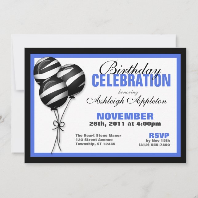 Zebra Imprimer Ballons Bleus Invitations d'anniver (Devant)