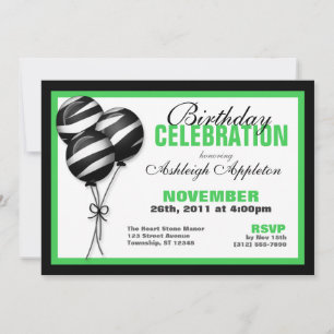 Zebra Imprimer Ballons verts Invitations d'anniver