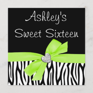Zebra Lime Green Bow Diamond Sweet 16 Invitations