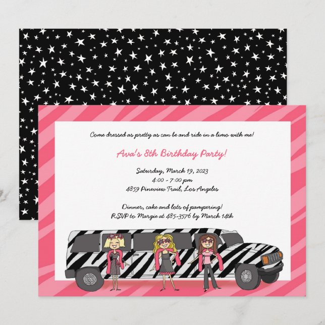Zebra Limo Invitations Filles Glam fête d'annivers (Devant / Derrière)