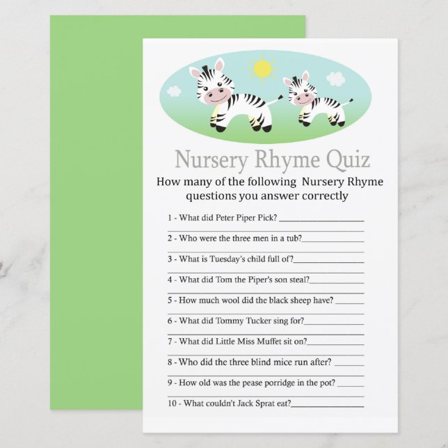 Zebra Nursery Rhyme Quiz jeu de baby shower (Devant / Derrière)