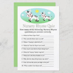 Zebra Nursery Rhyme Quiz jeu de baby shower