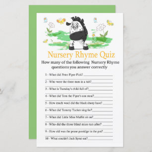 Zebra Nursery Rhyme Quiz jeu de baby shower