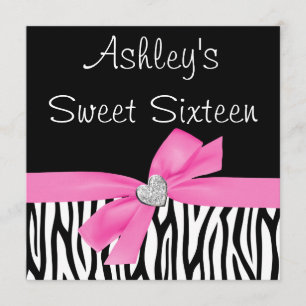 Zebra Pink Bow Diamond Sweet 16 Invitations