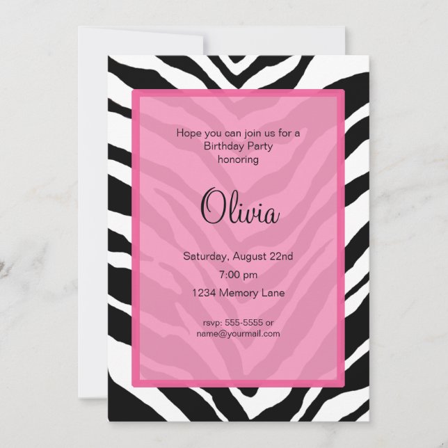 Zebra Print Birthday Party Invitation (Devant)