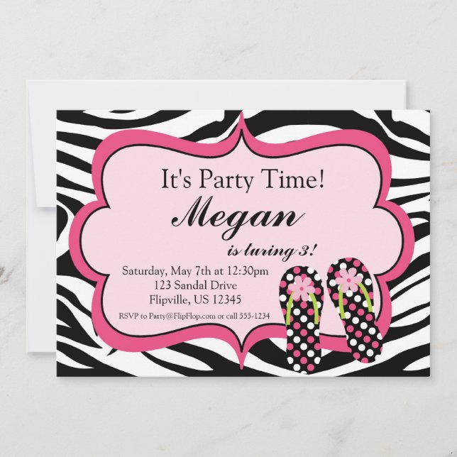 Zebra Print Flip Flop Invitation à la fête d'anniv (Devant)