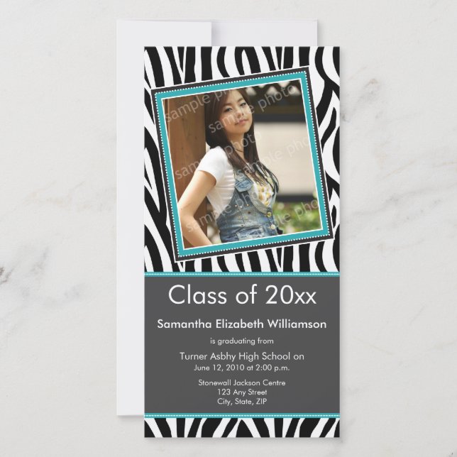 Zebra Print Graduation Photo Faire-part (aqua) (Devant)