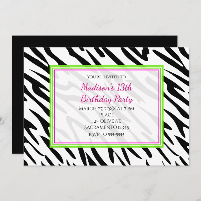 Zebra Print Lime Green and Pink Party Invitations (Devant / Derrière)