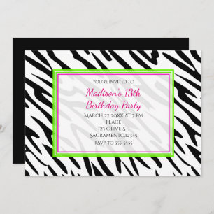 Zebra Print Lime Green and Pink Party Invitations