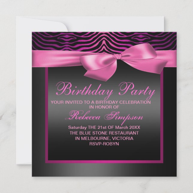 Zebra Print Pink & Black Party Invitation d'annive (Devant)