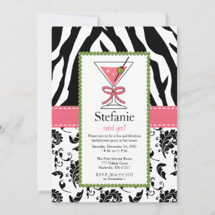 Zebra Print Pink Martini Bachelorette Invitations